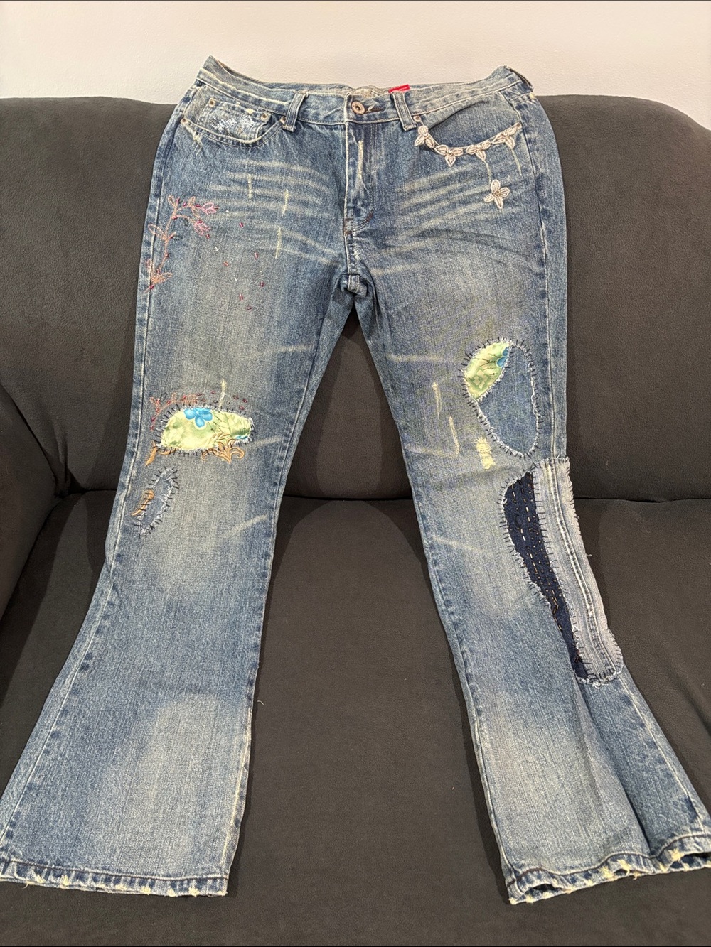 Vanilla Star Blue Flare Jeans with Embroidered Patches